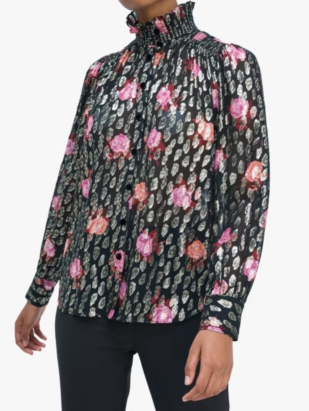 Kate Spade Floral Rose Garden Metallic Black Smocked High-Neck Silk Blouse